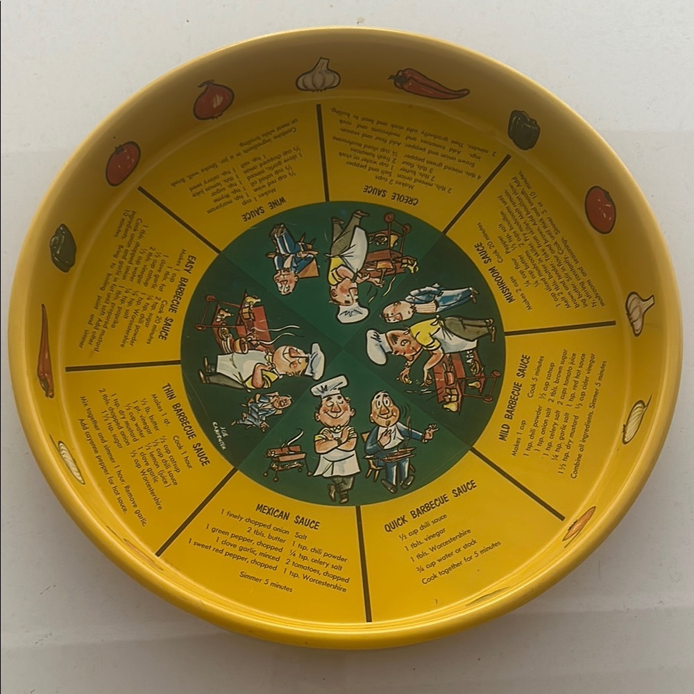Vintage Masonware Joe Carpenter Metal Round Tray Serving Tray with bbq design